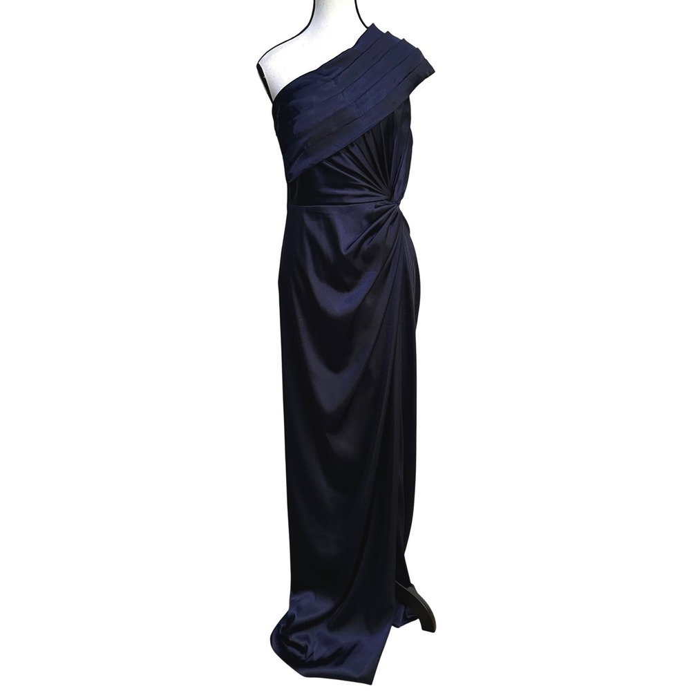 Adrianna Papell Satin Gown Maxi Dress One Shoulder 8 Navy Blue Pleated Formal